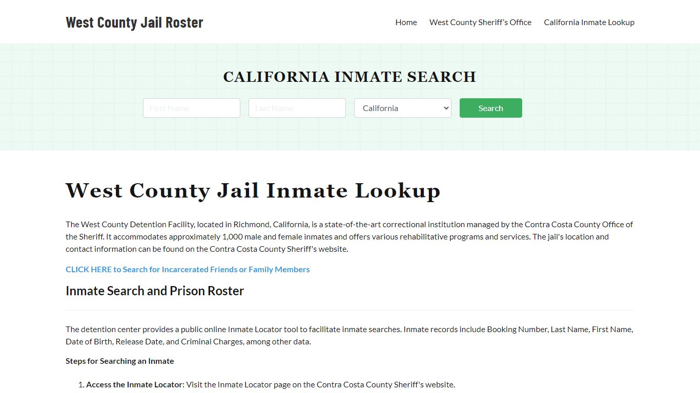 West County Jail Roster Lookup, CA, Inmate Search